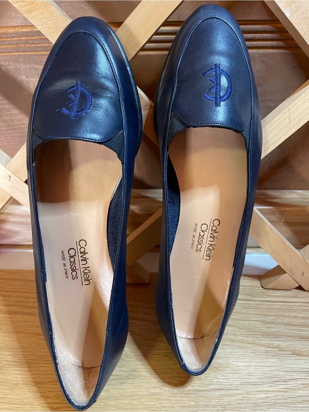 NWOB Vintage Calvin Klein Navy Blue Leather Embroidered Loafers Made in Spain